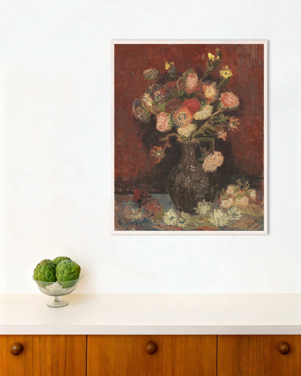 Poster di Vaso con astri cinesi e gladioli (1886) di Vincent van Gogh, con cornice in legno bianco