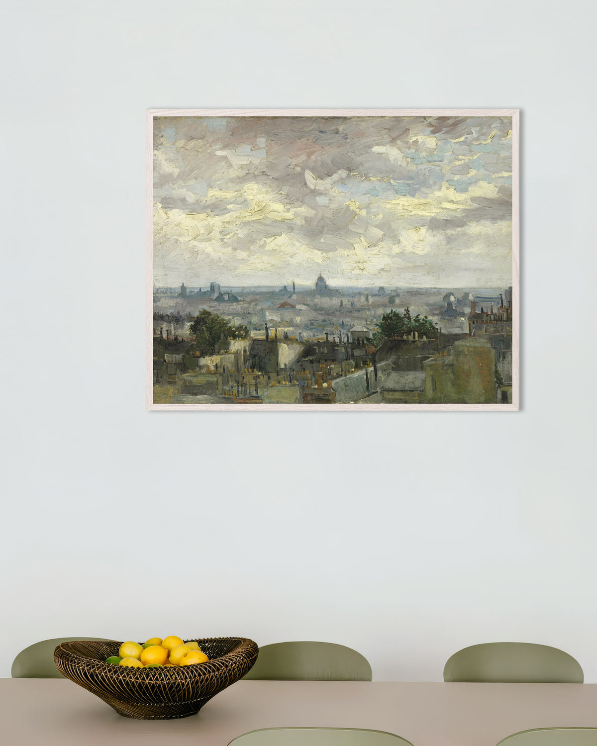 Poster di Veduta di Parigi (1886) di Vincent van Gogh, con cornice in legno bianco
