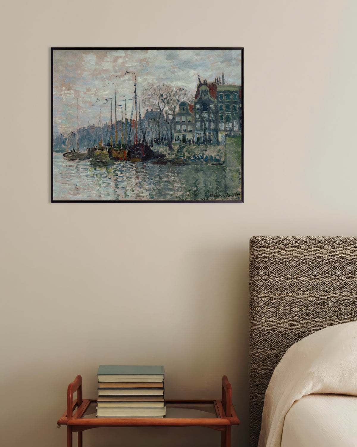 Poster Veduta della Prins Hendrikkade e del Kromme Waal ad Amsterdam (1874) di Claude Monet con cornice in metallo