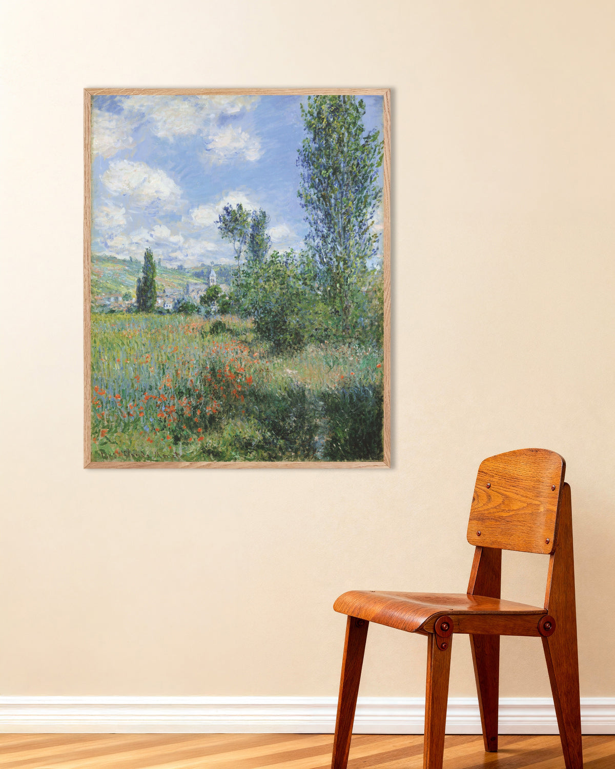 Poster Veduta di Vétheuil (1880) di Claude Monet con cornice in legno naturale