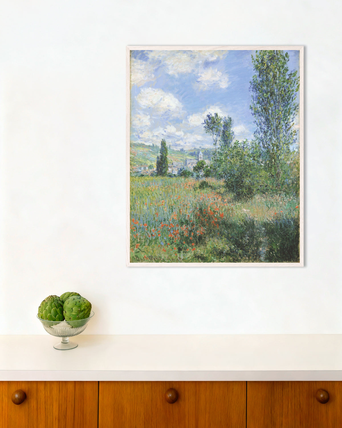 Poster Veduta di Vétheuil (1880) di Claude Monet con cornice in legno bianco