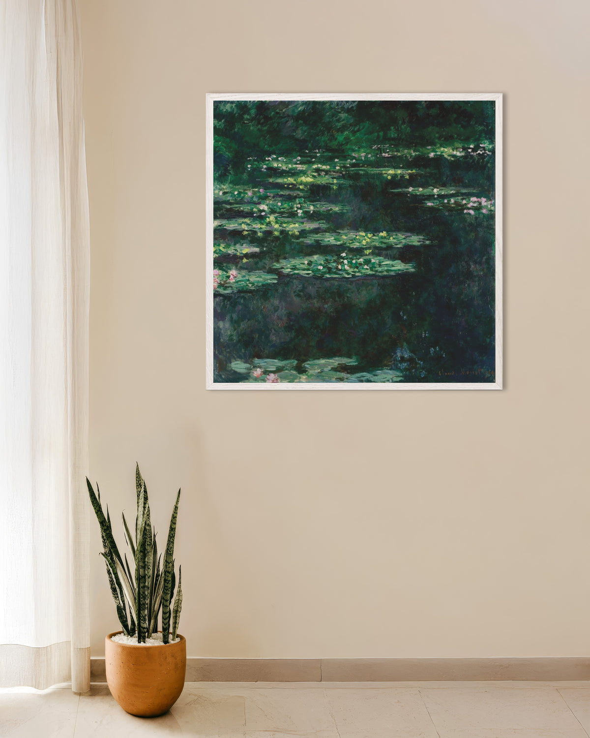 Poster Ninfee (1904) di Claude Monet con cornice in legno bianco