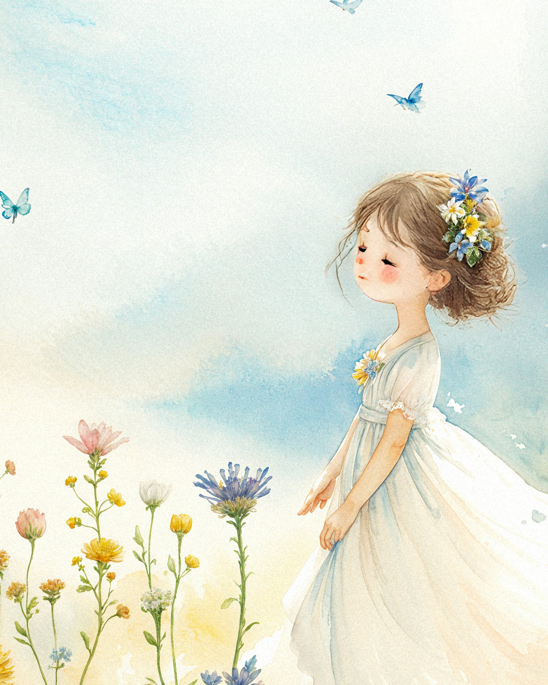 Pittura ad acquerello, ragazza giovane e fiori - Poster