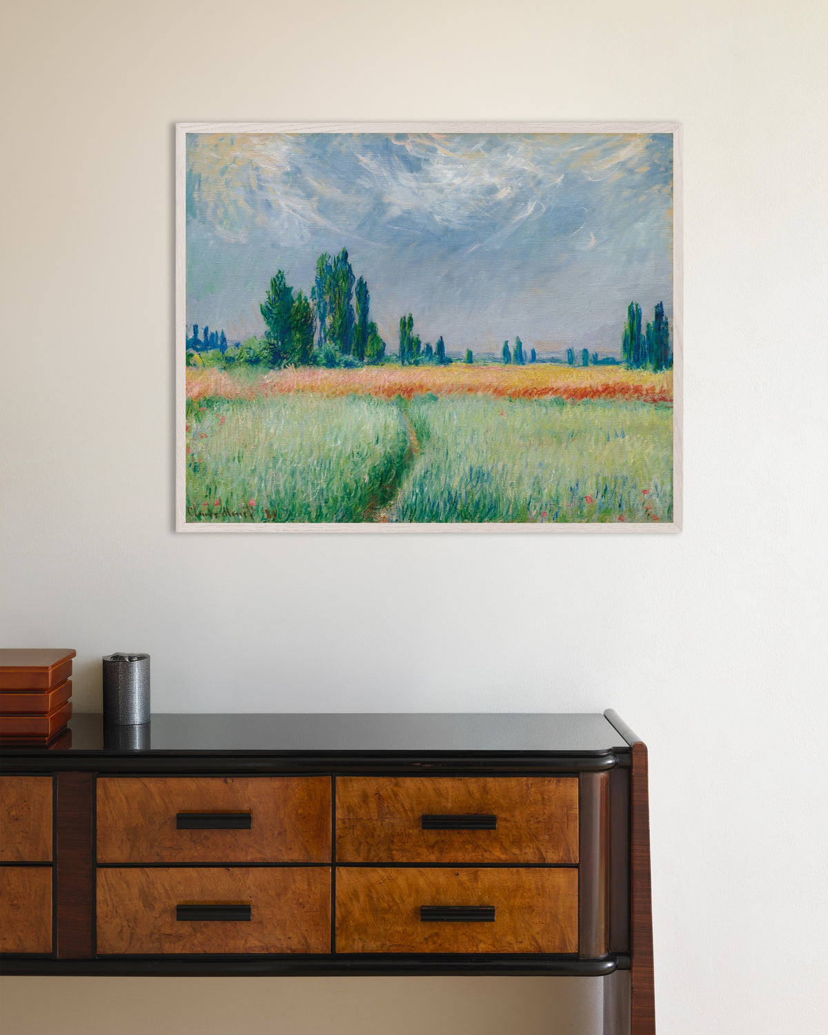 Poster Campo di grano (1881) di Claude Monet con cornice in legno bianco