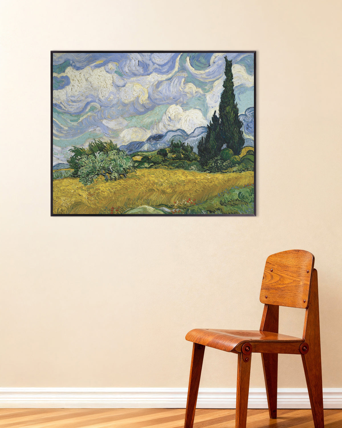 Poster di Campo di grano con cipressi (1889) di Vincent van Gogh, con cornice in metallo