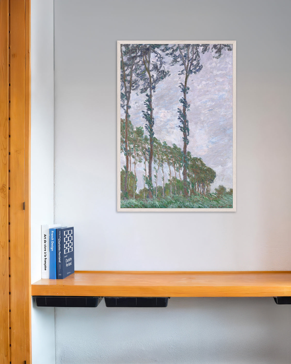 Poster I pioppi, effetto di vento (1891) di Claude Monet con cornice in legno bianco
