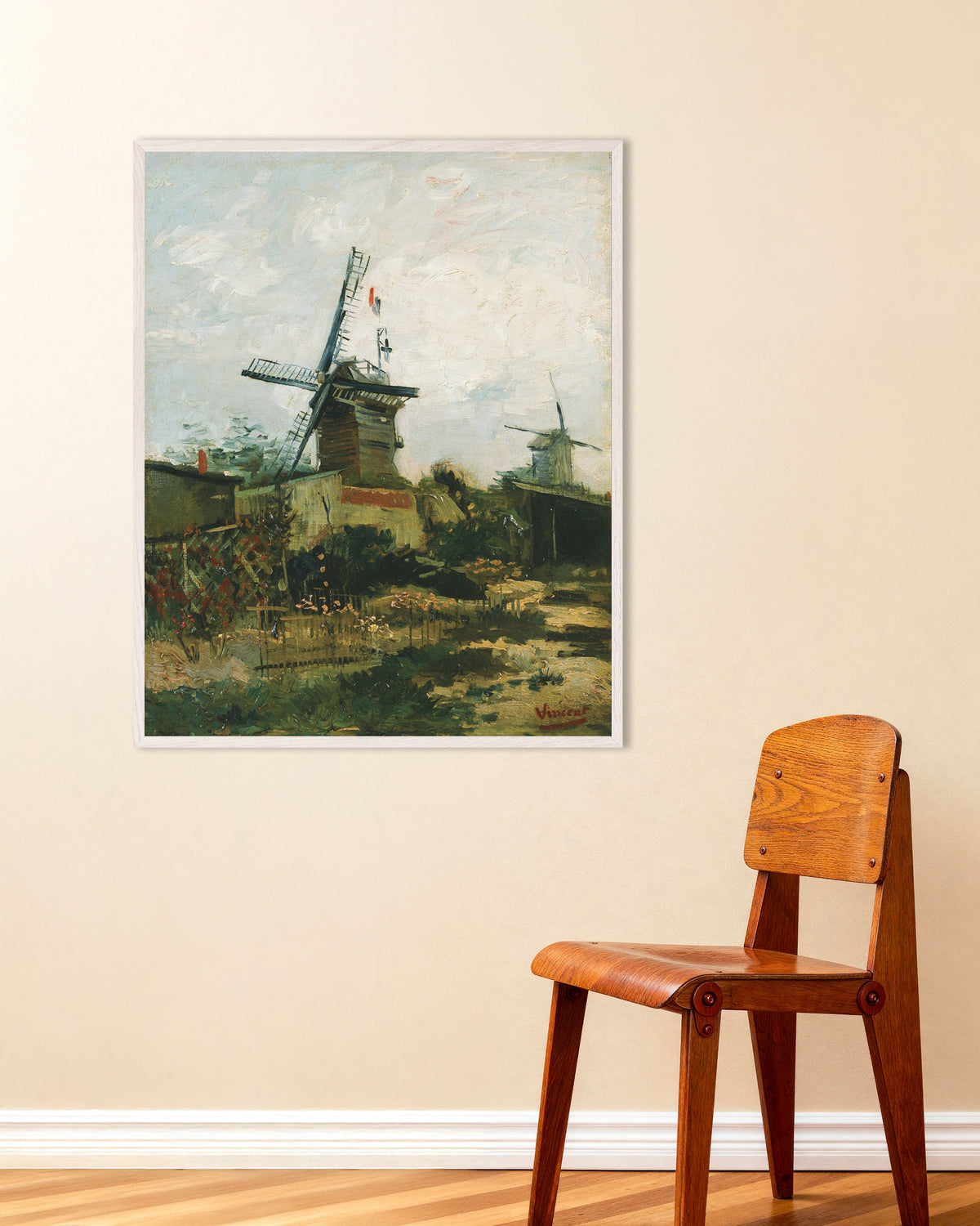 Poster di Mulini a vento a Montmartre (1886) di Vincent van Gogh, con cornice in legno bianco