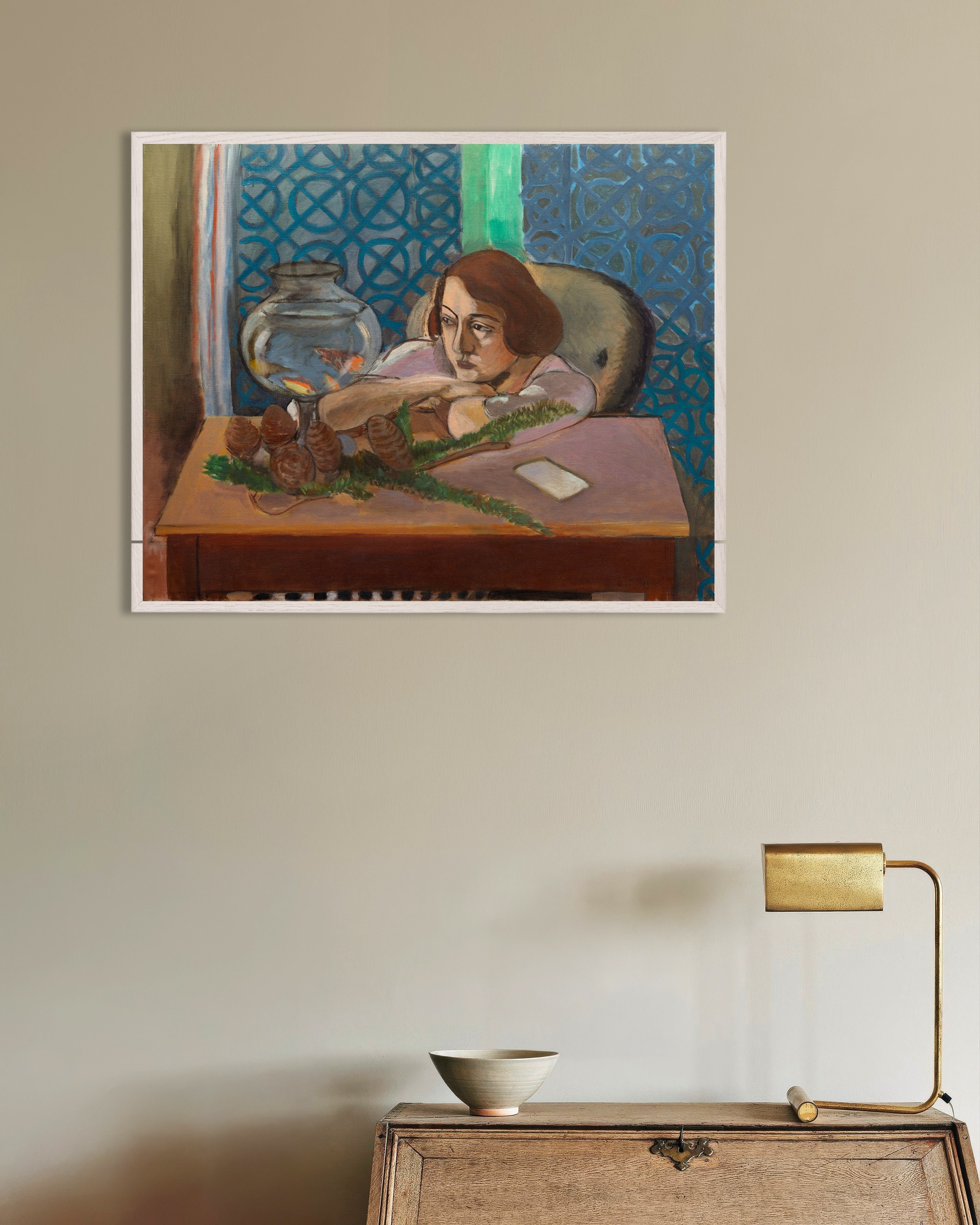 Poster of Woman before an aquarium (1921-1923) by Henri Matisse - Poster, with white wooden frame