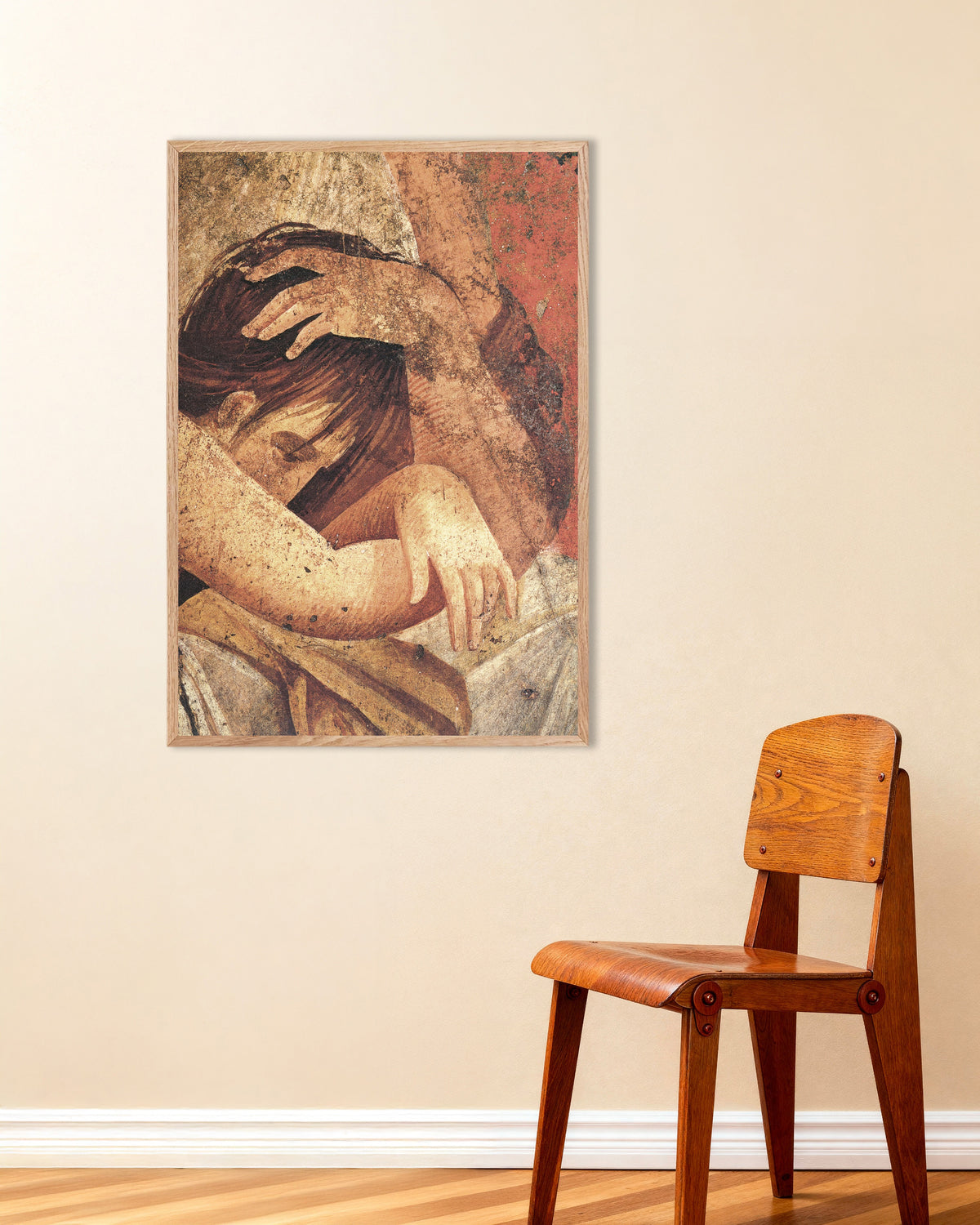 Poster del dettaglio d'affresco dell'iniziata consolata, Villa dei Misteri con cornice in legno naturale
