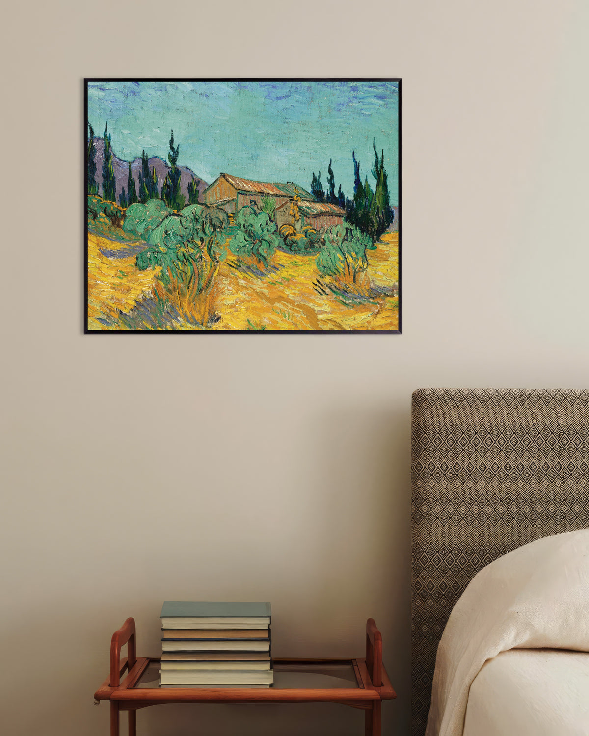 Poster di Capanni di legno tra ulivi e cipressi (1889) di Vincent van Gogh, con cornice in metallo