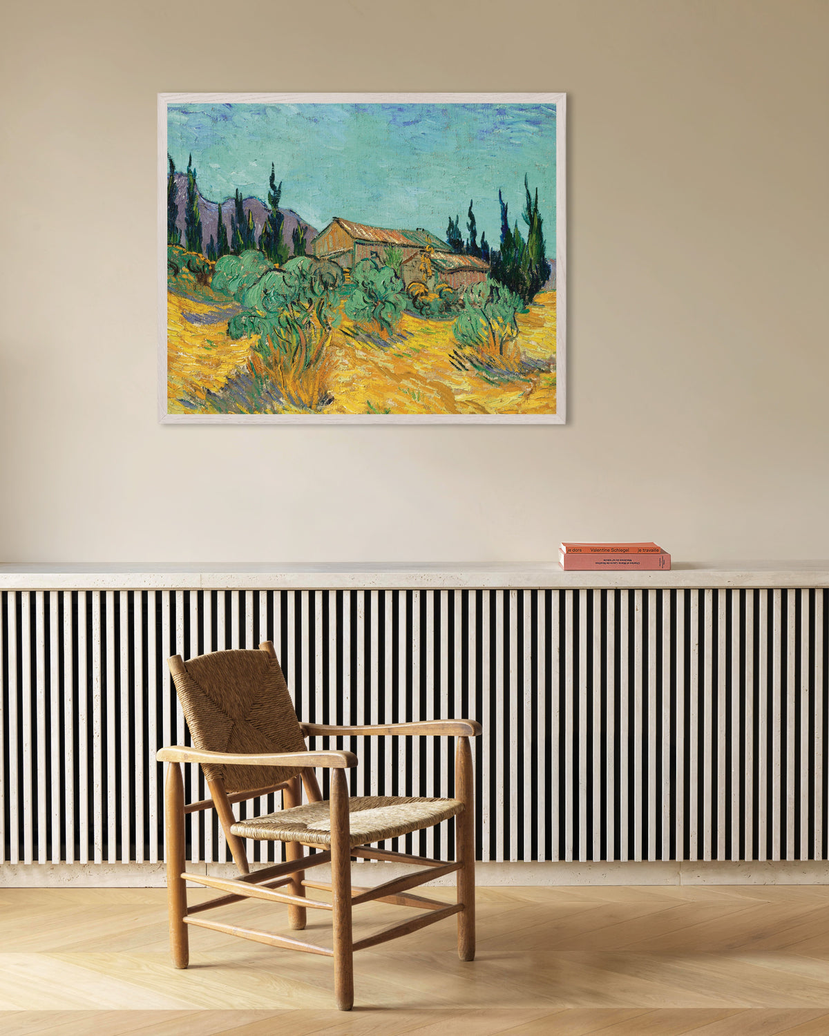 Poster di Capanni di legno tra ulivi e cipressi (1889) di Vincent van Gogh, con cornice in legno bianco