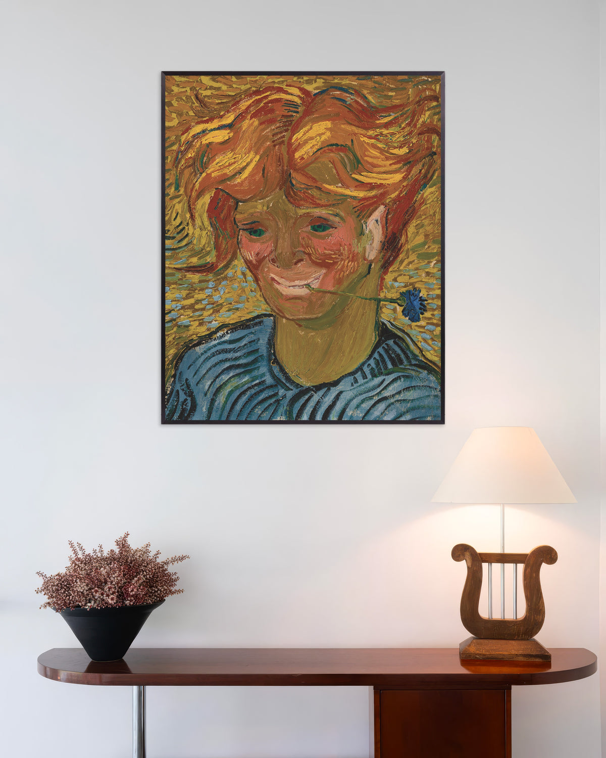 Poster di Giovane con fiordaliso (1890) di Vincent van Gogh, con cornice in metallo